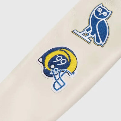 OVO Los Angeles Rams Royal Blue Wool and White Genuine Leather Sleeves Men's Varsity Letterman Jacket