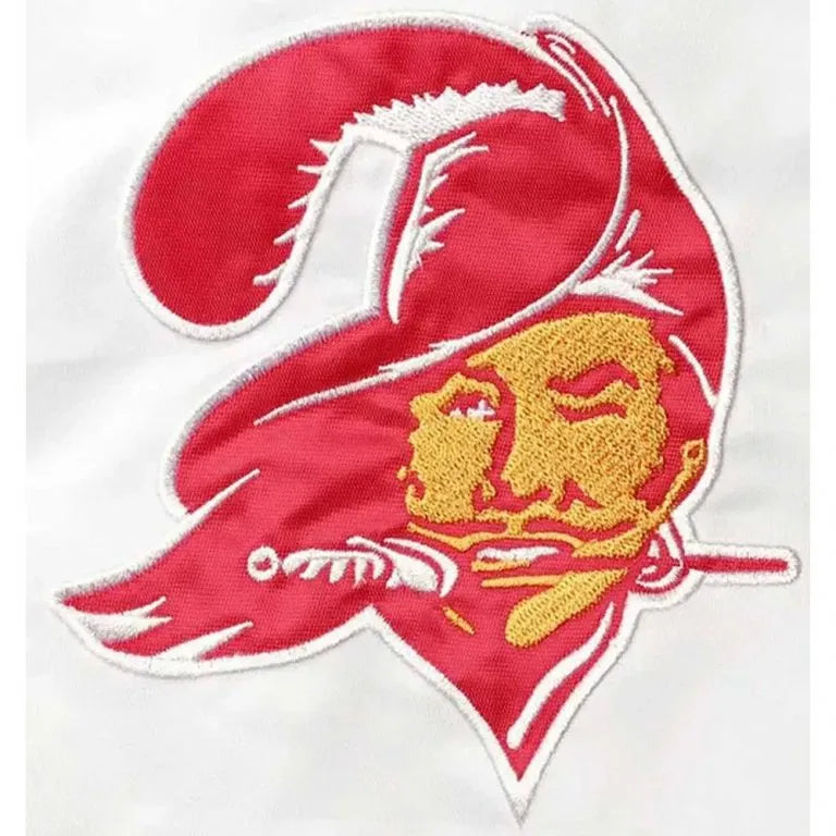 Tampa Bay Buccaneers Throwback D-Line Full-Snap Varsity White Satin Men's Bomber Jacket