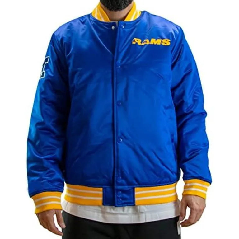 Los Angeles Rams Heavyweight Full-Snap Varsity Blue Satin Men's Bomber Jacket