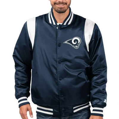 Los Angeles Rams The Prime Full-Snap Varsity Navy Blue Satin Men's Bomber Jacket
