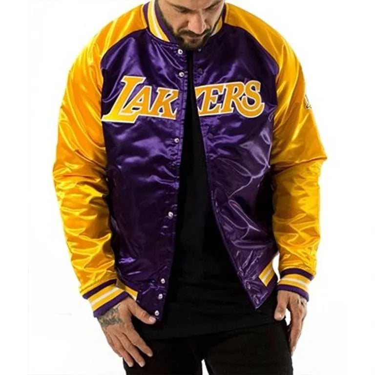 Los Angeles Lakers NBA Tough Season Full-Snap Varsity Purple/Yellow Satin Men's Bomber Jacket
