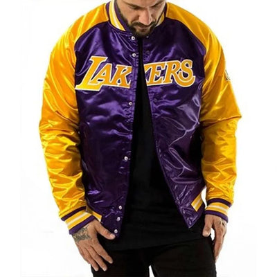 Los Angeles Lakers NBA Tough Season Full-Snap Varsity Purple/Yellow Satin Men's Bomber Jacket