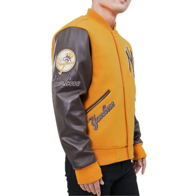 New York Yankees Logo Blended Varsity Gold Wool & Black Leather Men's Jacket