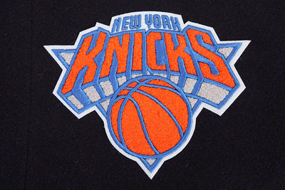 New York Knicks Script Tail Varsity Black Wool & Genuine Leather Sleeves Men's Letterman Jacket