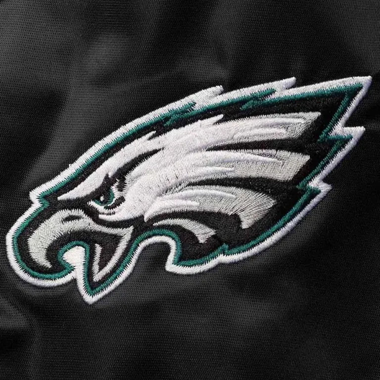 Philadelphia Eagles Locker Room Full-Snap Varsity Black Satin Men's Bomber Jacket