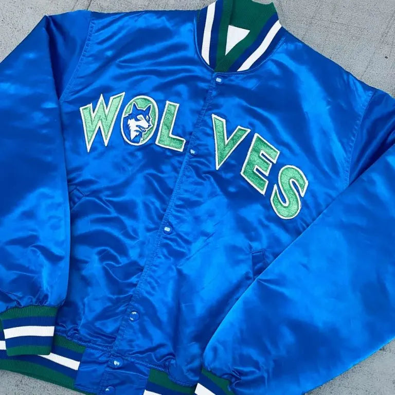 90’s Minnesota Timberwolves Full-Snap Varsity Blue Satin Men's Bomber Jacket