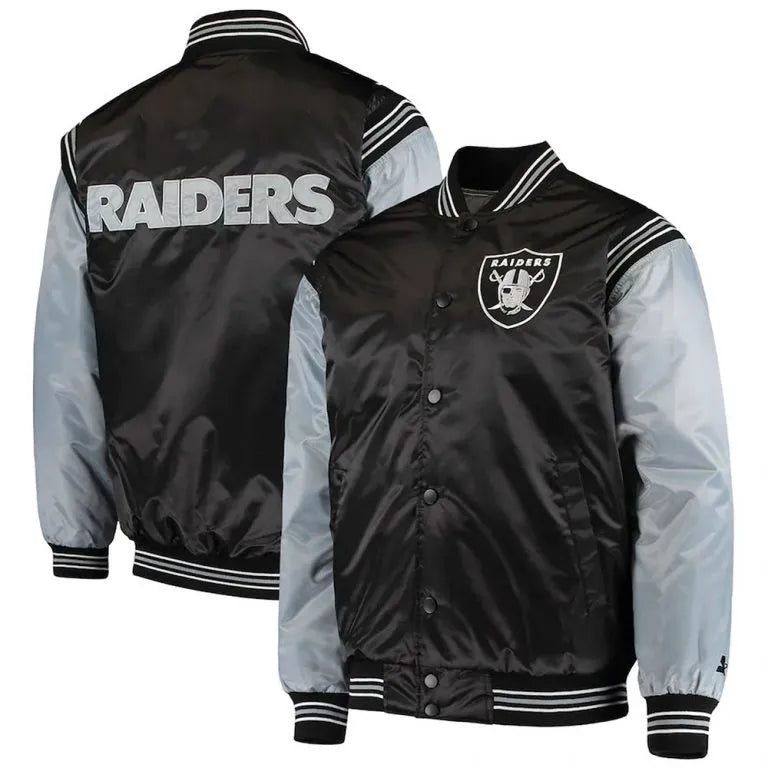 Los Angeles Raiders Enforcer Full-Snap Varsity Black and Grey Satin Men's Bomber Jacket