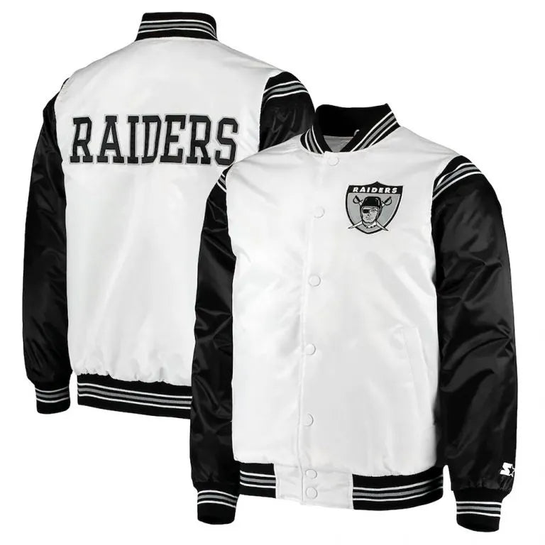 Los Angeles Raiders Historic Renegade Full-Snap Varsity Black & White Satin Men's Bomber Jacket