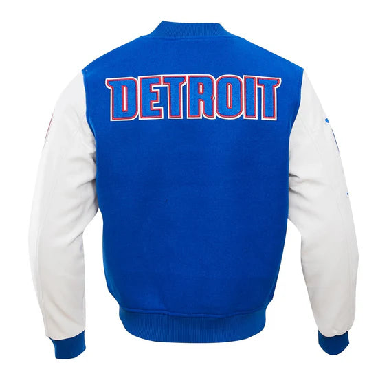 Detroit Pistons Mashup Varsity Royal Blue Wool and White Genuine Leather Sleeves Men's Bomber Jacket