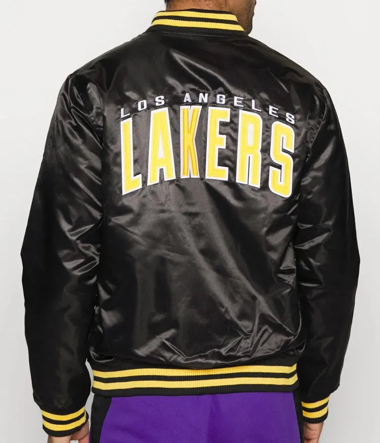 Los Angeles Lakers Wordmark Full-Snap Varsity Black Satin Men's Bomber Jacket
