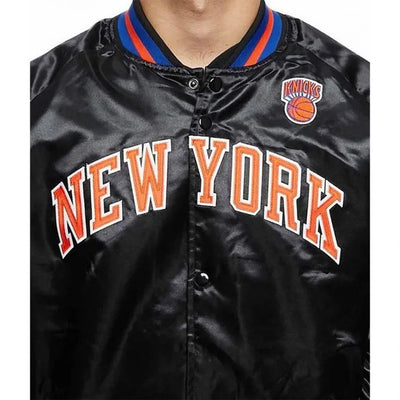 New York Knick Hardwood Classic Full-Snap Varsity Black Satin Men's Bomber Jacket