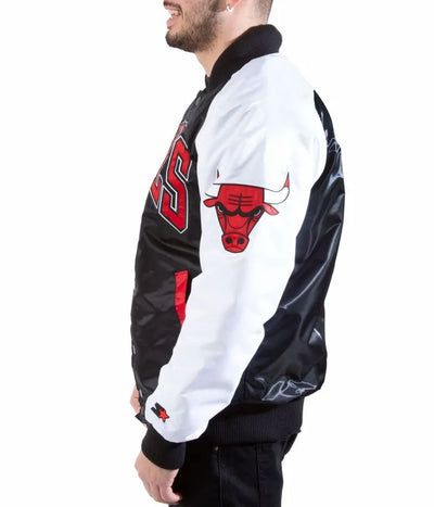 Chicago Bulls Full-Snap Varsity Tri-Color Satin Men's Bomber Jacket