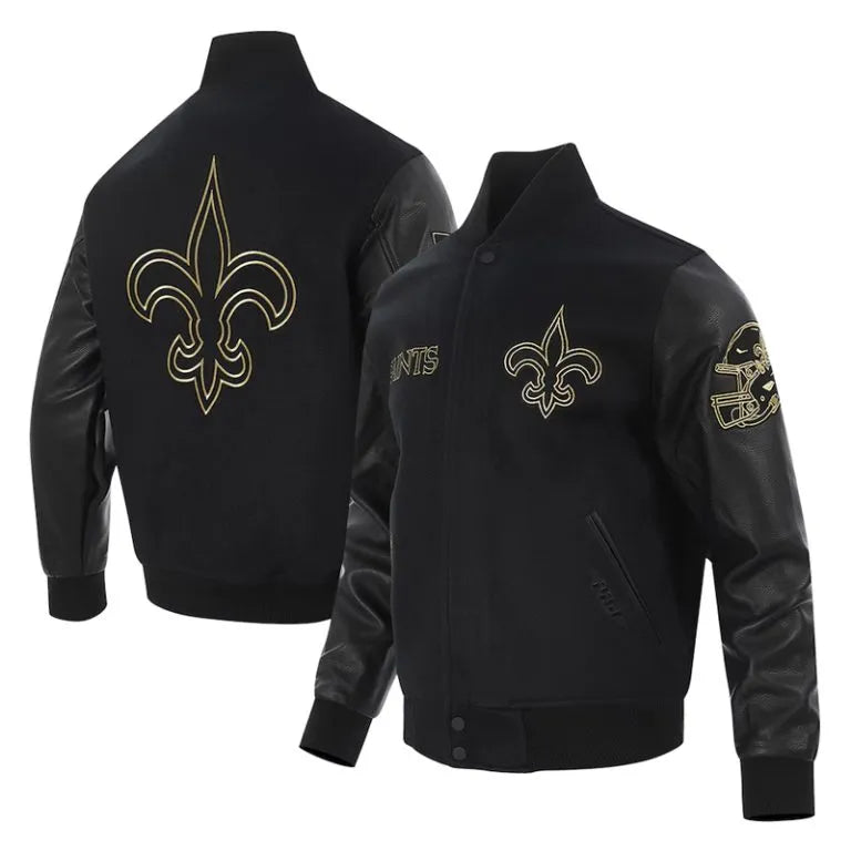 New Orleans Saints Mash Up Black Wool & Genuine Leather Sleeves Men's Varsity Letterman Jacket