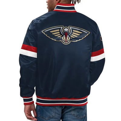 New Orleans Pelicans Home Game Full-Snap Varsity Navy Blue Satin Men's Bomber Jacket