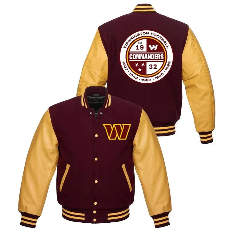Washington Commanders Brown Wool & Yellow Genuine Leather Sleeves Men's Varsity Letterman Jacket