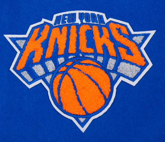 New York Knicks Script Tail Varsity Royal Blue Wool & White Genuine Leather Sleeves Men's Letterman Jacket