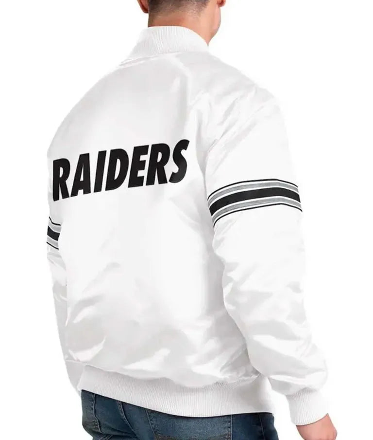 Los Angeles Raiders The Power Forward Full-Snap Varsity White Satin Men's Bomber Jacket