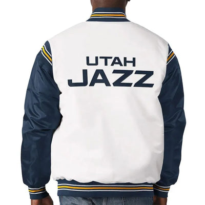 Utah Jazz Renegade Full-Snap Varsity White & Navy Blue Satin Men's Bomber Jacket