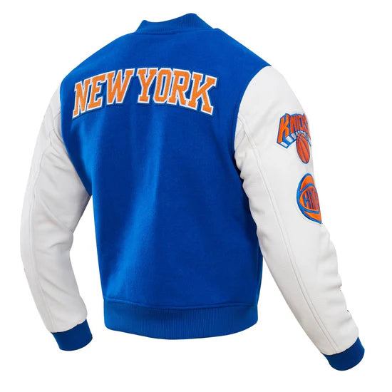 New York Knicks Varsity Royal Blue Wool & White Genuine Leather Sleeves Men's Letterman Jacket
