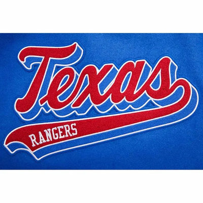 Texas Rangers Script Tail Blue Wool & White Leather Sleeves Varsity Men's Jacket