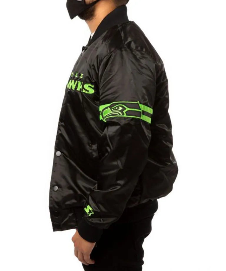 Seattle Seahawks Full-Snap Varsity Black Satin Men's Bomber Jacket