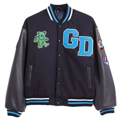 Grateful Dead High Navy Blue Wool & Genuine Leather Sleeves Men's Letterman Varsity Jacket