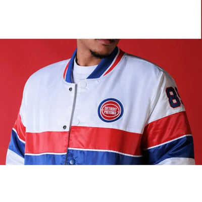Detroit Pistons 35th Anniversary Full-Snap Varsity White Satin Men's Bomber Jacket
