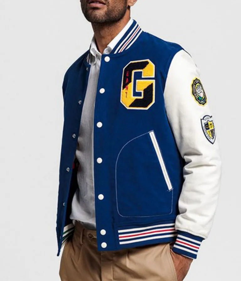 Gant The Gant Spring Blue Wool & White Genuine Leather Sleeves Men's Letterman Varsity Jacket