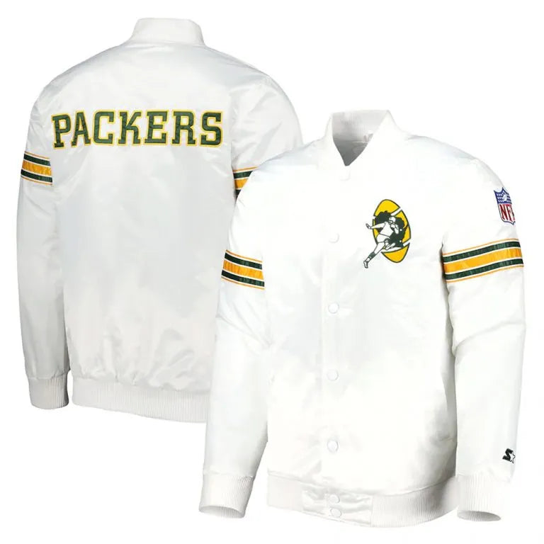 Green Bay Packers The Power Forward Full-Snap Varsity White Satin Men's Bomber Jacket