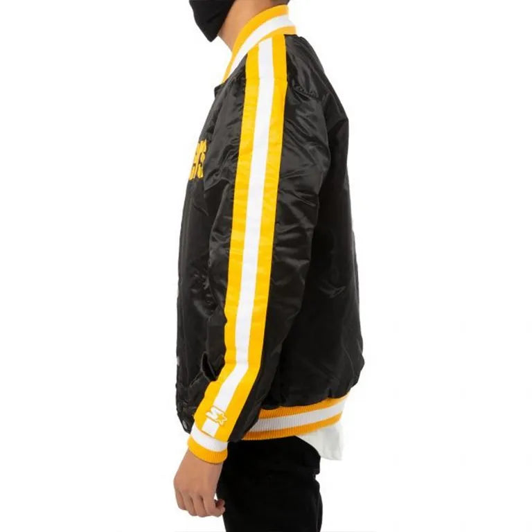 Pittsburgh Steelers Striped Full-Snap Varsity Black Satin Men's Bomber Jacket