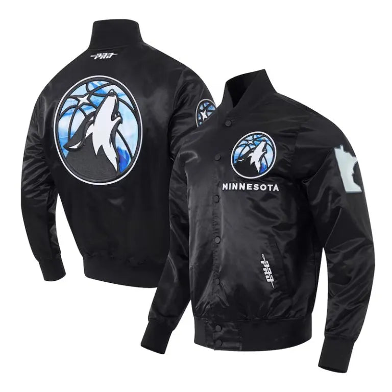 Minnesota Timberwolves 2024/25 City Edition Full-Snap Varsity Black Satin Men's Bomber Jacket