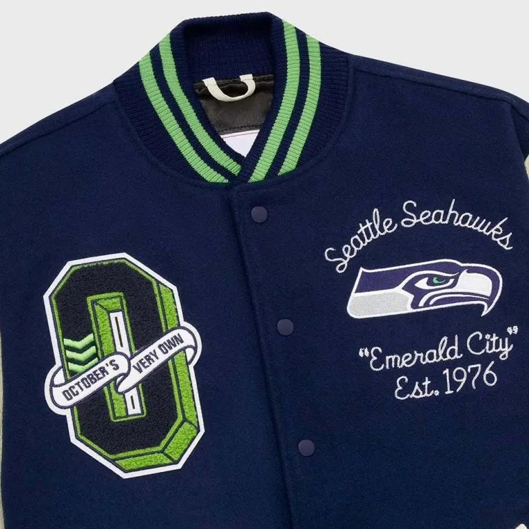 OVO Seattle Seahawks Navy Blue Wool & White Genuine Leather Sleeves Men's Varsity Letterman Jacket