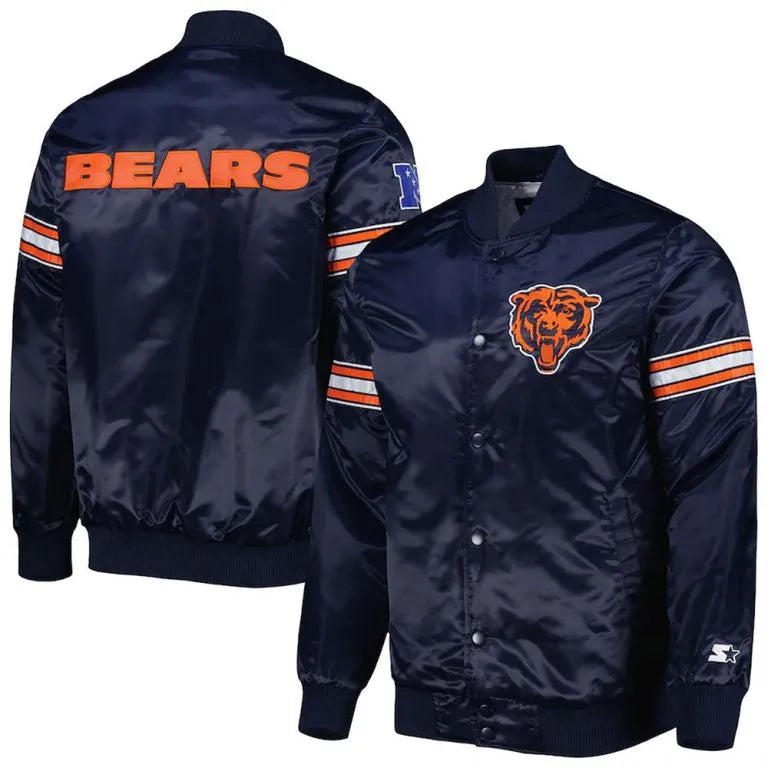 Chicago Bears The Pick and Roll Full-Snap Varsity Blue Satin Men's Bomber Jacket