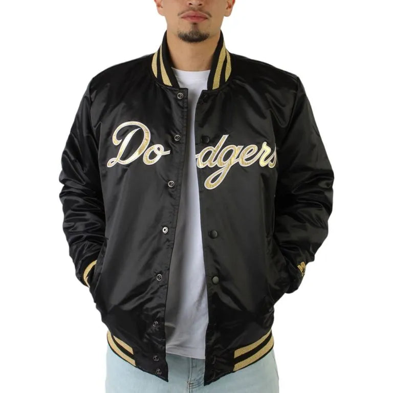 Los Angeles Dodgers Gold Patches Black Satin Full-Snap Men's Jacket