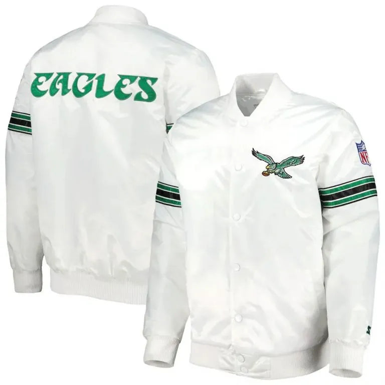 Philadelphia Eagles The Power Forward Full-Snap Varsity White Satin Men's Bomber Jacket