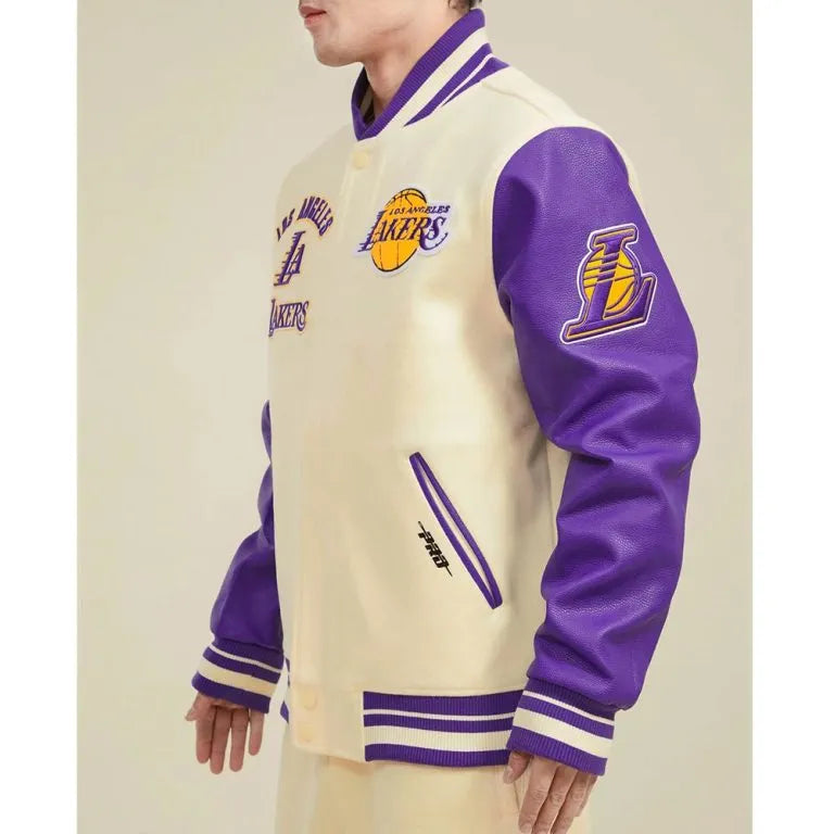 Los Angeles Lakers  Retro Classic Rib Varsity Off White Wool & Purple Genuine Leather Sleeves Men's Letterman Jacket