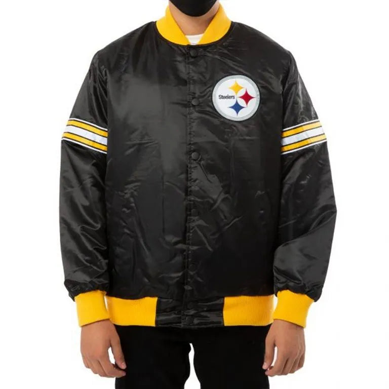 Pittsburgh Steelers Striped Full-Snap Varsity Black Satin Men's Bomber Jacket