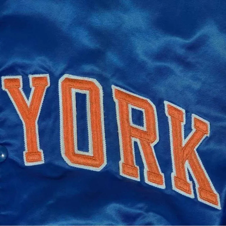 90’s New York Knicks Full-Snap Varsity Royal Blue Satin Men's Bomber Jacket