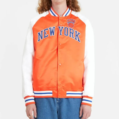 New York Knick Prime Time Full-Snap Varsity Orange and White Satin Men's Bomber Jacket