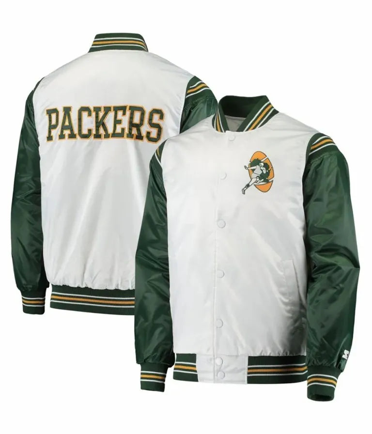 Green Bay Packers Historic Renegade Full-Snap Varsity White and Green Satin Men's Bomber Jacket