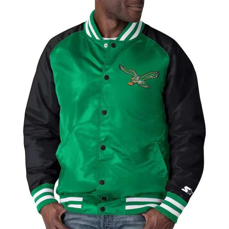 Philadelphia Eagles Lead Off Full-Snap Varsity Green and Black Satin Men's Bomber Jacket
