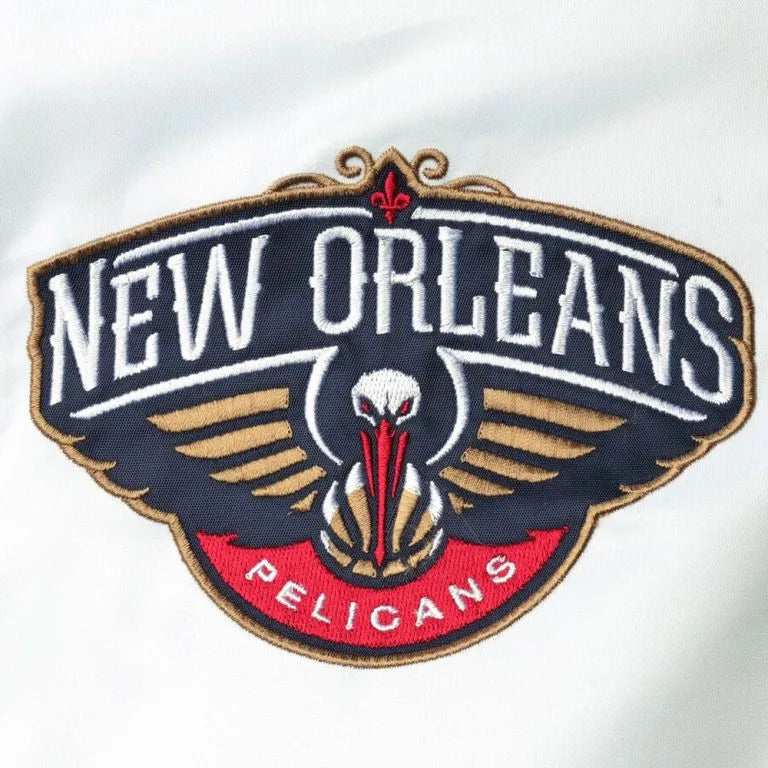 New Orleans Pelicans Full-Snap Varsity White and Navy Blue Satin Men's Bomber Jacket