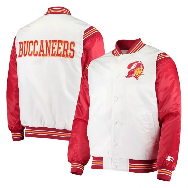 Tampa Bay Buccaneers Historic Renegade Full-Snap Varsity White/Red Satin Men's Bomber Jacket