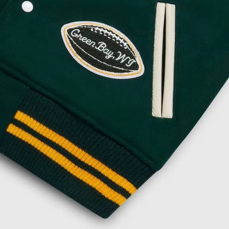 OVO Green Bay Packers Green Wool and White Genuine Leather Sleeves Men's Varsity Letterman Jacket