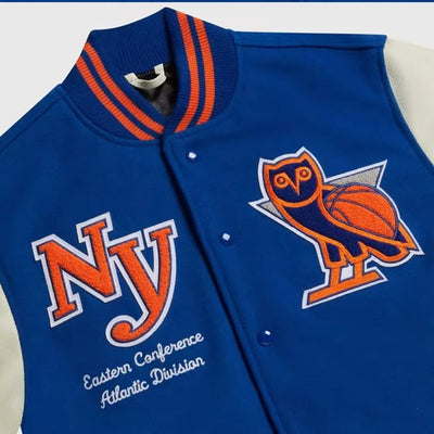 OVO New York Knicks Varsity Blue Wool & White Genuine Leather Sleeves Men's Letterman Jacket