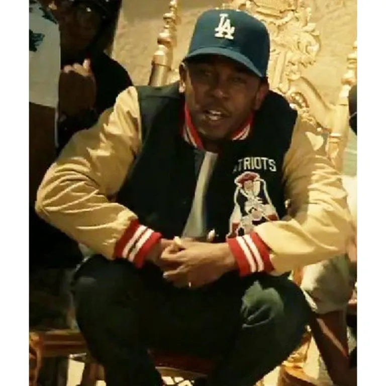 New England Patriots Kendrick Lamar Navy Blue Wool and Beige Genuine Leather Sleeves Men's Varsity Letterman Jacket