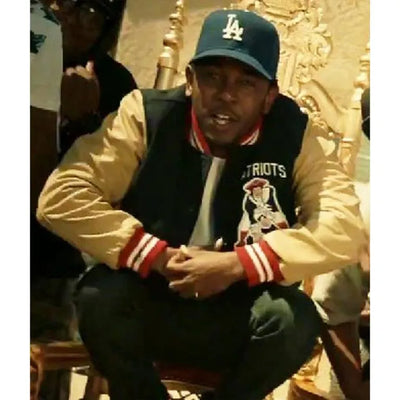 New England Patriots Kendrick Lamar Navy Blue Wool and Beige Genuine Leather Sleeves Men's Varsity Letterman Jacket