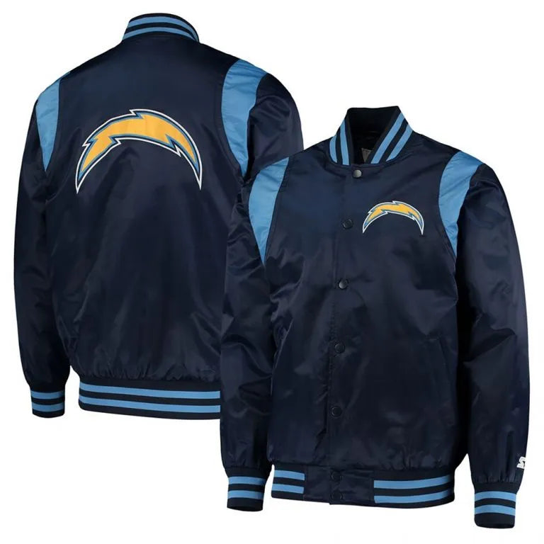 Los Angeles Chargers The Prime Full-Snap Varsity Blue Satin Men's Bomber Jacket