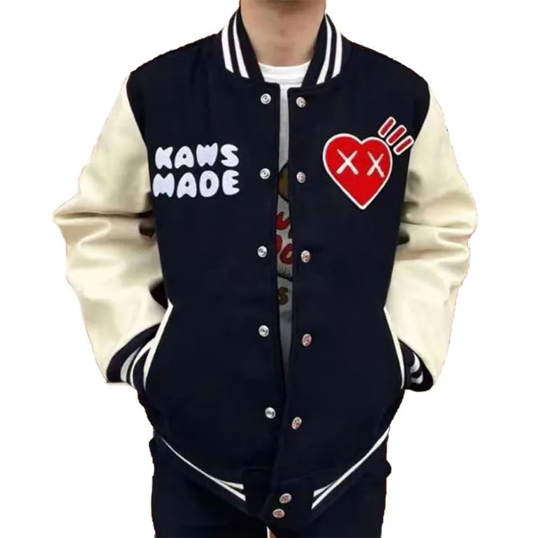 Human Made Kaws Black Wool & White Genuine Leather Sleeves Men's Letterman Varsity Jacket