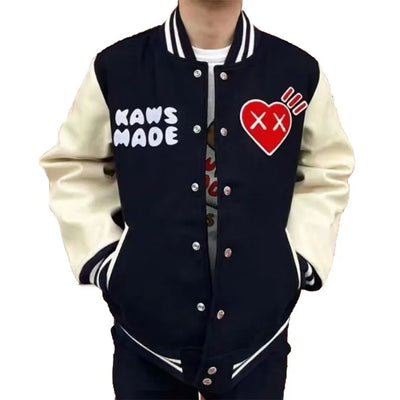 Human Made Kaws Black Wool & White Genuine Leather Sleeves Men's Letterman Varsity Jacket